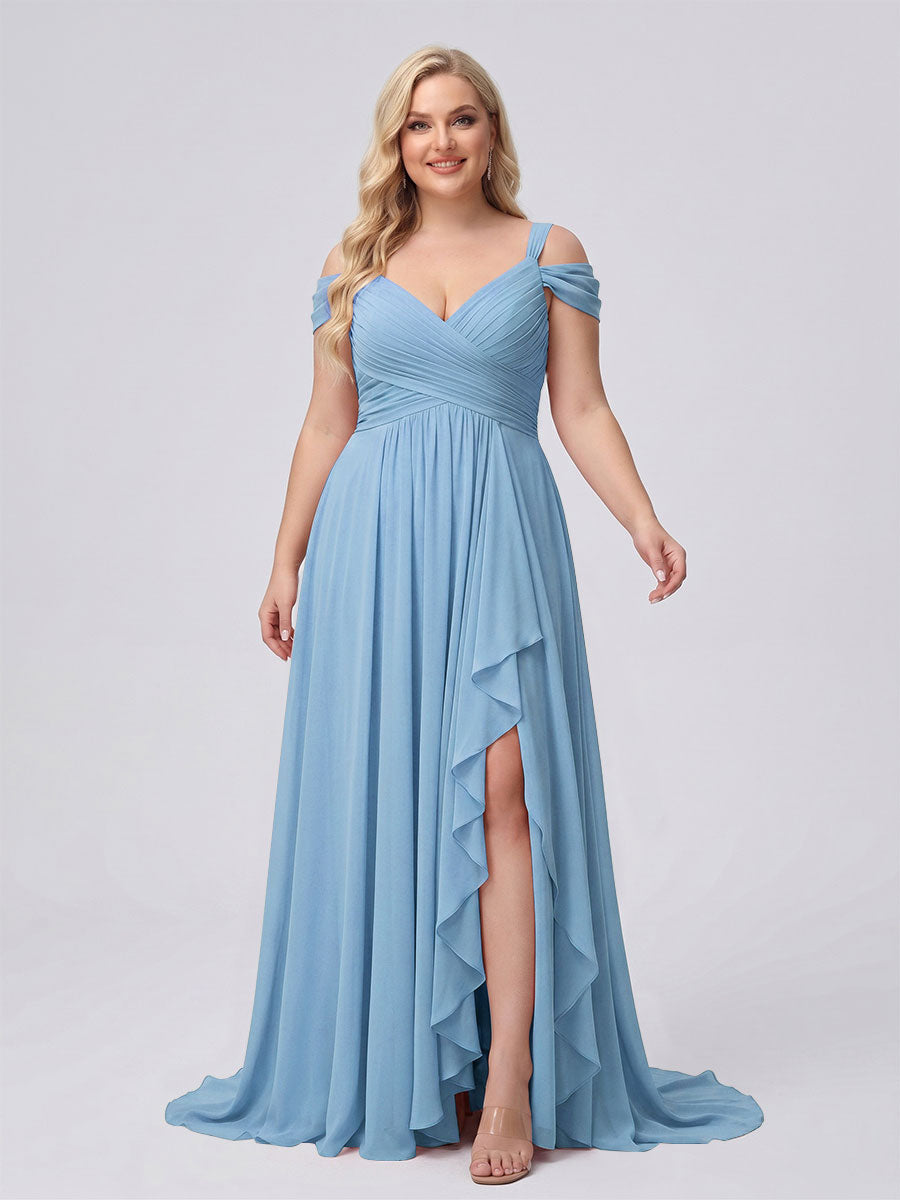 A-Line/Princess V-Neck Split Side Floor-Length Chiffon Plus Size Bridesmaid Dresses With Ruffles