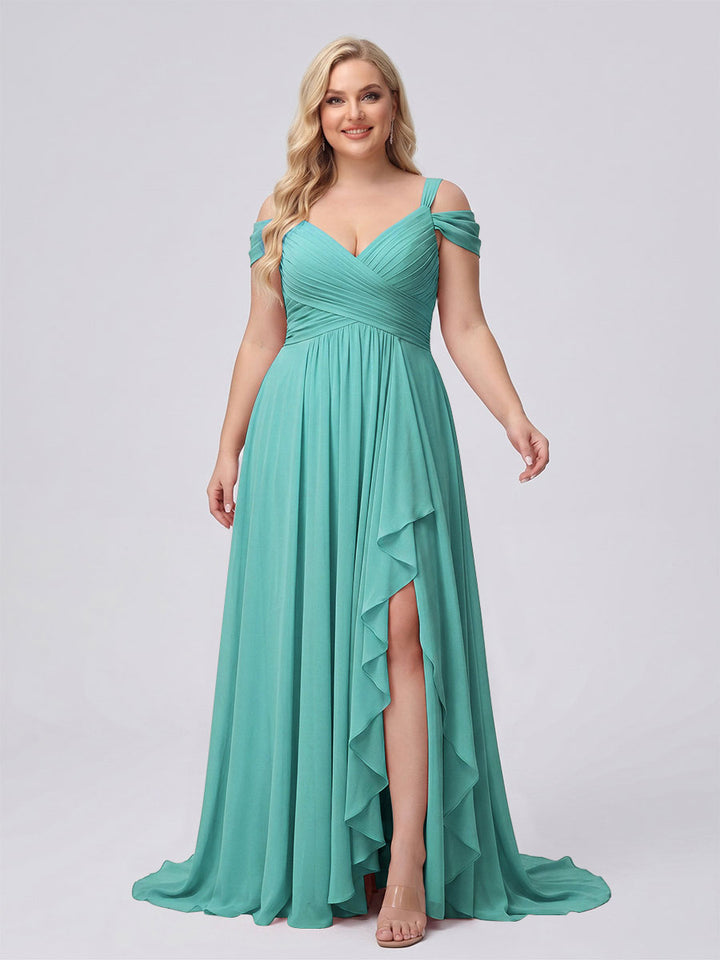 A-Line/Princess V-Neck Split Side Floor-Length Chiffon Plus Size Bridesmaid Dresses With Ruffles