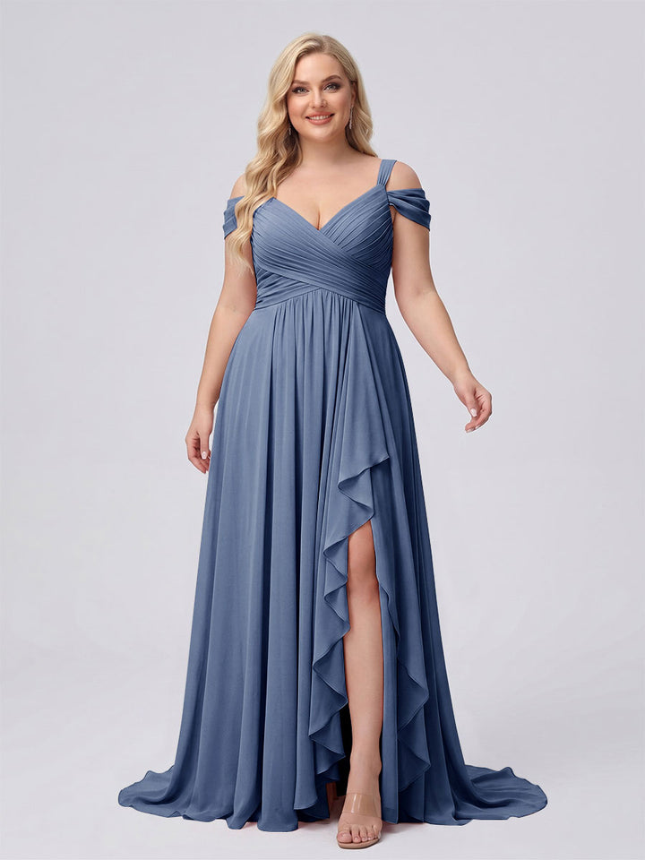 A-Line/Princess V-Neck Split Side Floor-Length Chiffon Plus Size Bridesmaid Dresses With Ruffles