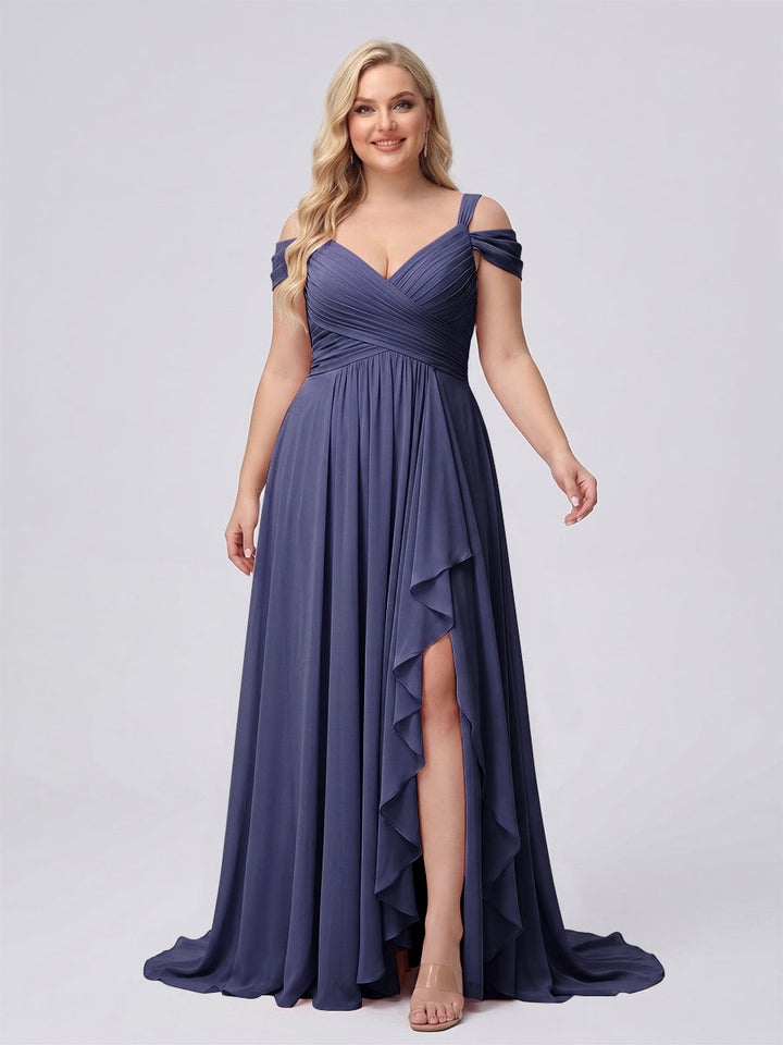A-Line/Princess V-Neck Split Side Floor-Length Chiffon Plus Size Bridesmaid Dresses With Ruffles