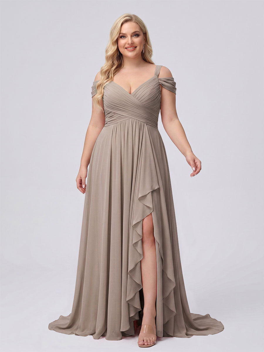 A-Line/Princess V-Neck Split Side Floor-Length Chiffon Plus Size Bridesmaid Dresses With Ruffles