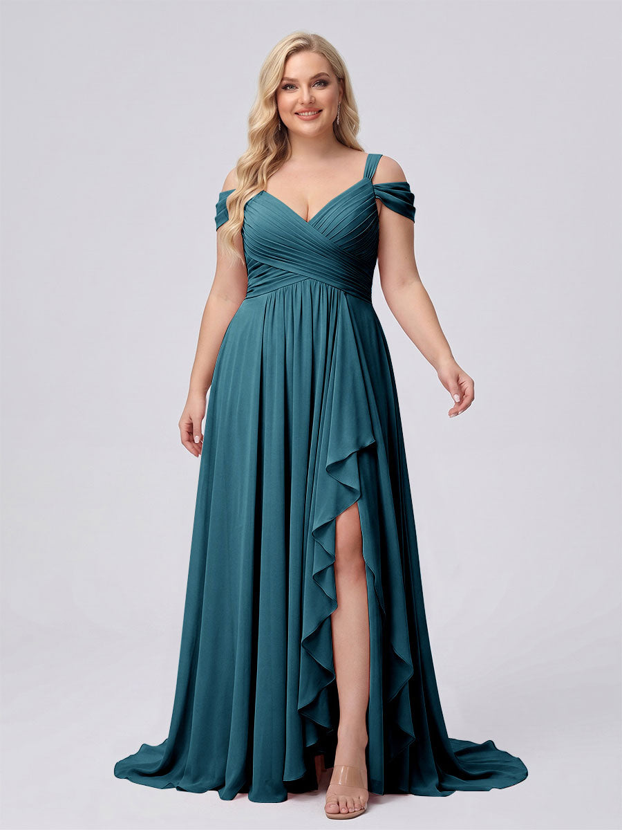A-Line/Princess V-Neck Split Side Floor-Length Chiffon Plus Size Bridesmaid Dresses With Ruffles