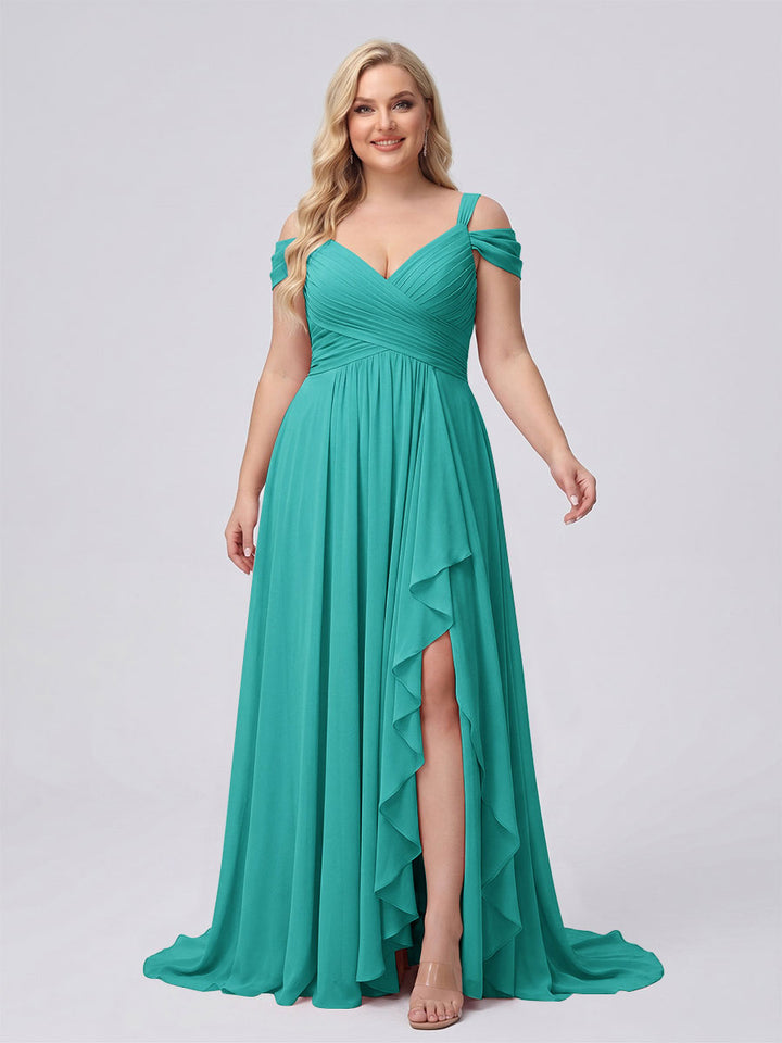 A-Line/Princess V-Neck Split Side Floor-Length Chiffon Plus Size Bridesmaid Dresses With Ruffles