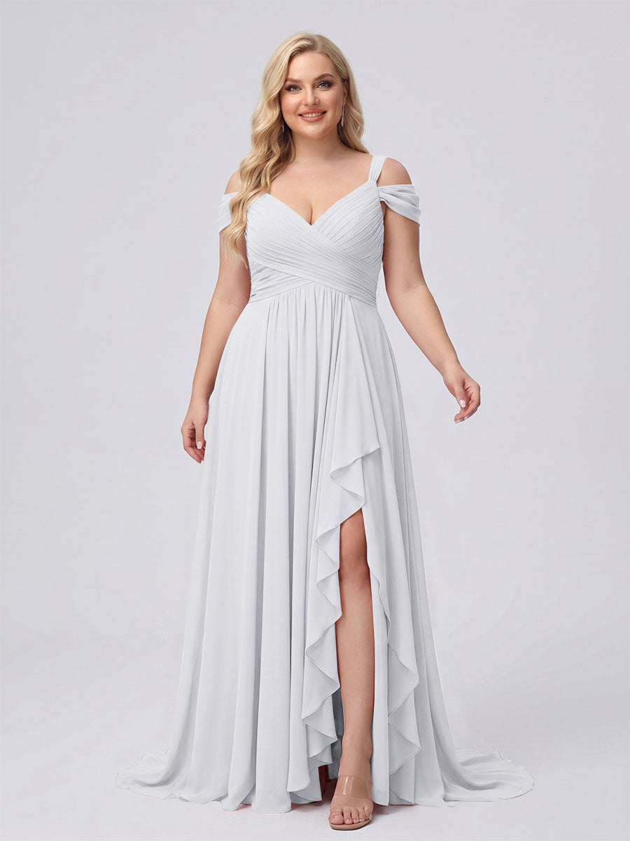 A-Line/Princess V-Neck Split Side Floor-Length Chiffon Plus Size Bridesmaid Dresses With Ruffles