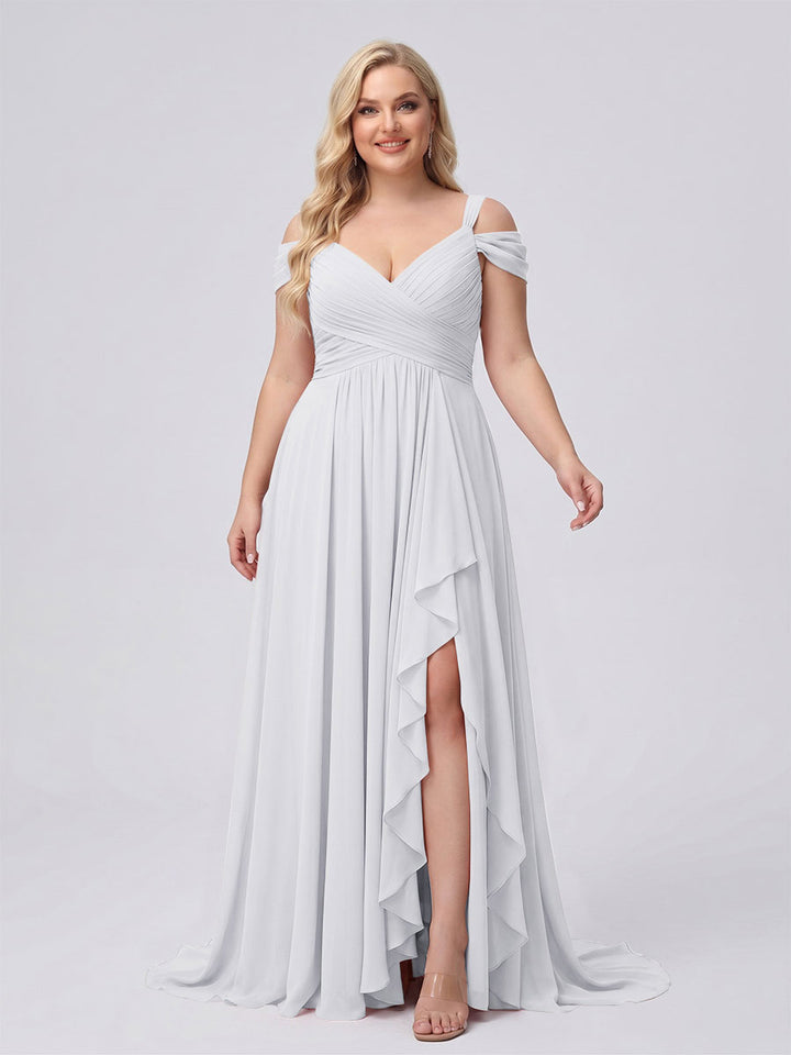 A-Line/Princess V-Neck Split Side Floor-Length Chiffon Plus Size Bridesmaid Dresses With Ruffles