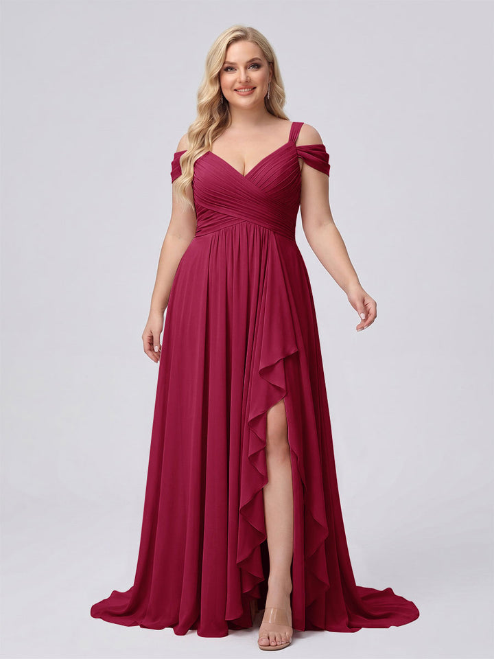 A-Line/Princess V-Neck Split Side Floor-Length Chiffon Plus Size Bridesmaid Dresses With Ruffles