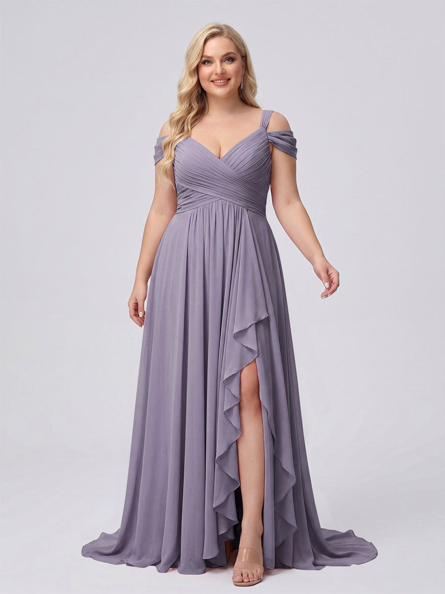 A-Line/Princess V-Neck Split Side Floor-Length Chiffon Plus Size Bridesmaid Dresses With Ruffles