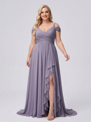 A-Line/Princess V-Neck Split Side Floor-Length Chiffon Plus Size Bridesmaid Dresses With Ruffles