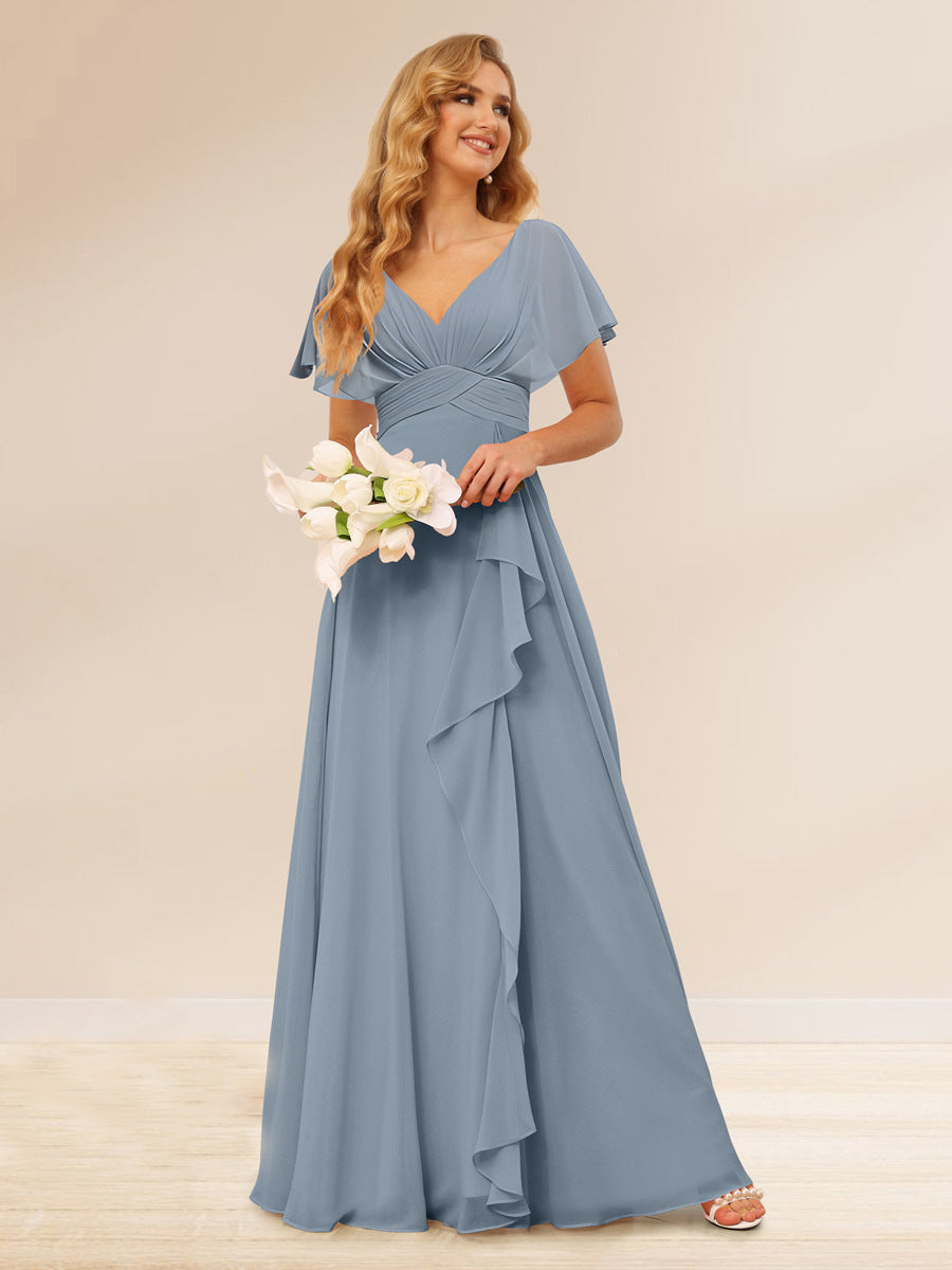 Lavetir Bridesmaid Dresses Steel Blue A-Line/Princess V-Neck Long with Ruffles 2026