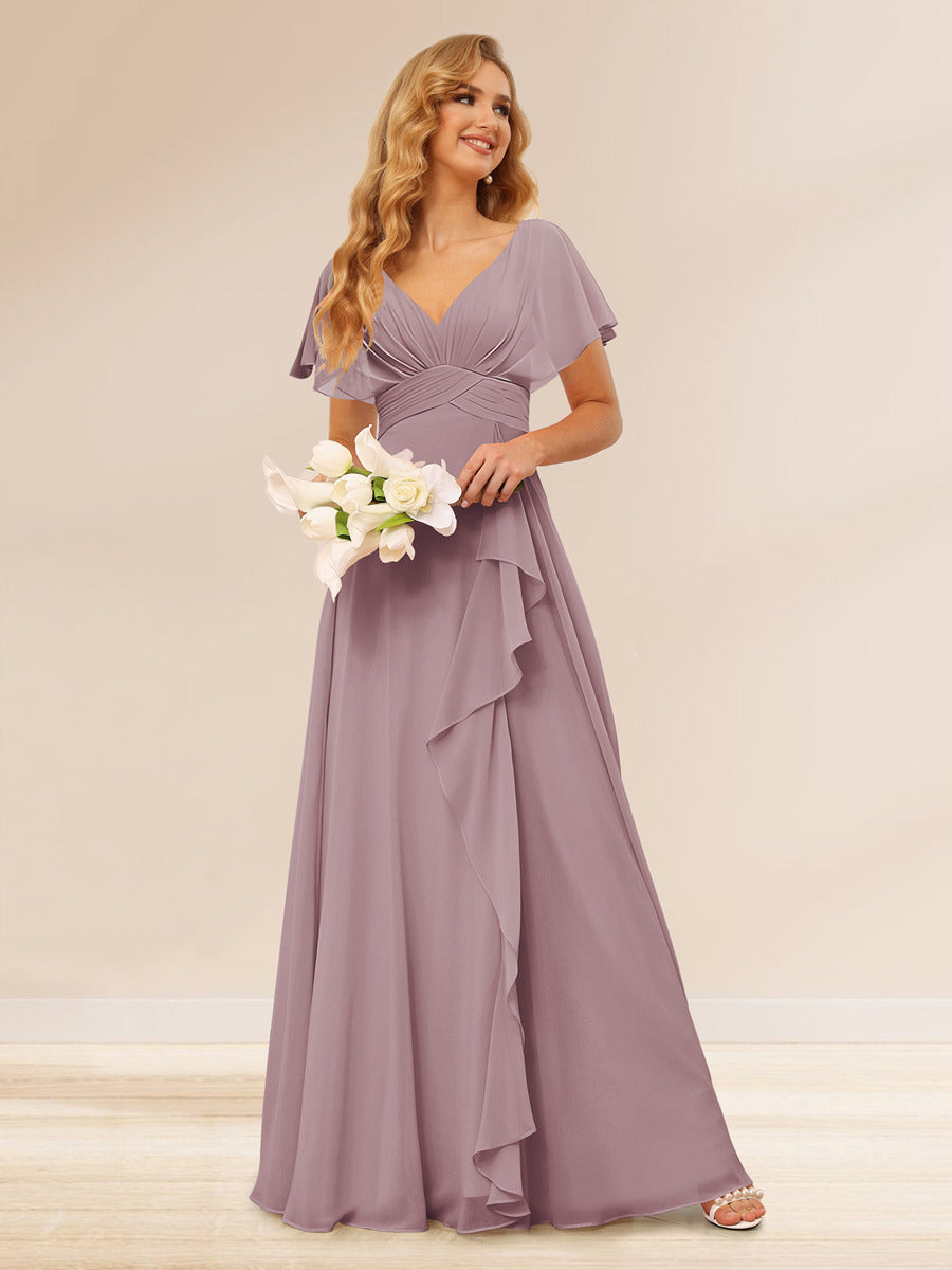 Lavetir Bridesmaid Dresses Mauve A-Line/Princess V-Neck Long with Ruffles 2026