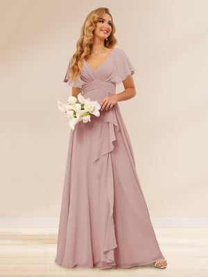A-Line/Princess V-Neck Long Bridesmaid Dresses with Ruffles