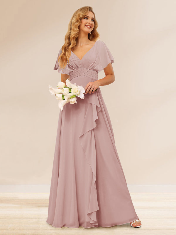 A-Line/Princess V-Neck Long Bridesmaid Dresses with Ruffles
