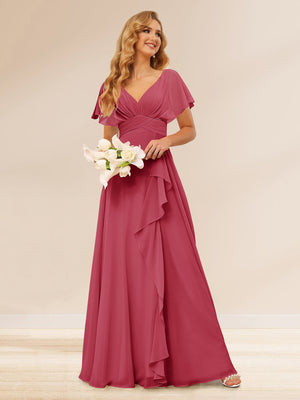 long bridesmaid dresses with ruffles Tiered Ruffles A-line Print Chiffon Bridesmaid Dress