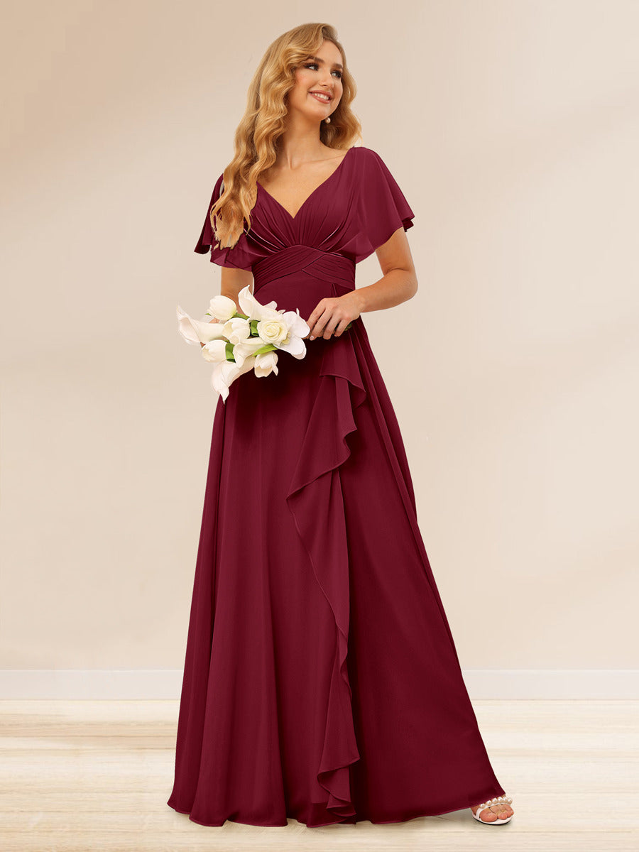 Lavetir Bridesmaid Dresses Light Burgundy A-Line/Princess V-Neck Long with Ruffles 2026