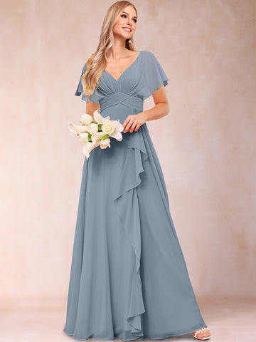 A-Line/Princess V-Neck Long Mother of the Bride Dresses with Ruffles