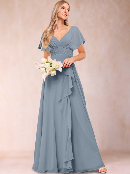 A-Line/Princess V-Neck Long Mother of the Bride Dresses with Ruffles