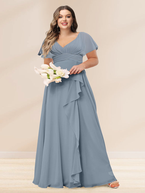 A-Line/Princess V-Neck Long Plus size Bridesmaid Dresses with Ruffles