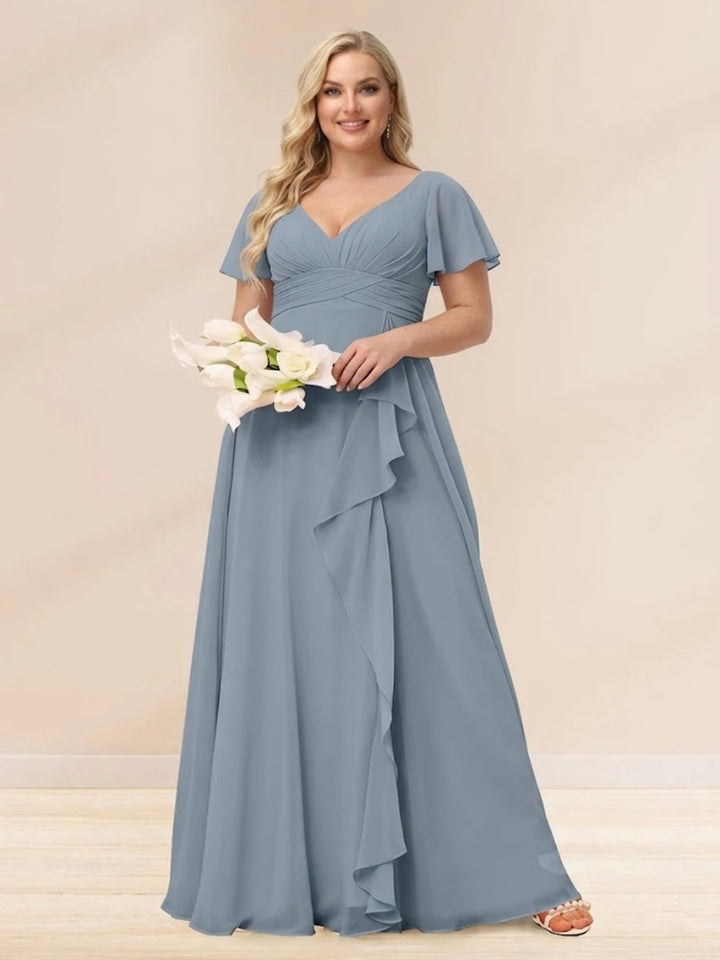 A-Line/Princess V-Neck Long Plus size Bridesmaid Dresses with Ruffles