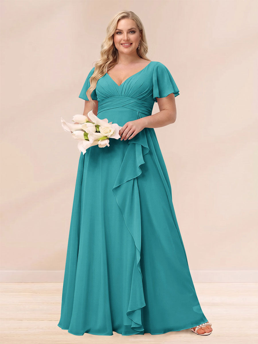 A-Line/Princess V-Neck Long Plus size Bridesmaid Dresses with Ruffles