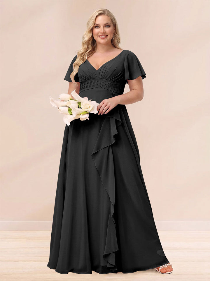 A-Line/Princess V-Neck Long Plus size Bridesmaid Dresses with Ruffles