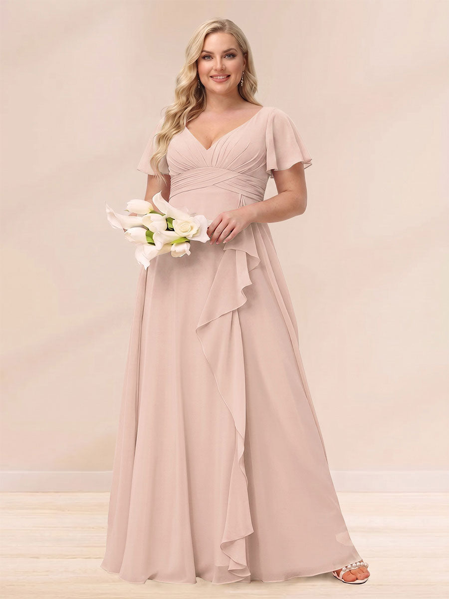A-Line/Princess V-Neck Long Plus size Bridesmaid Dresses with Ruffles