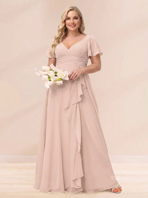 A-Line/Princess V-Neck Long Plus size Bridesmaid Dresses with Ruffles