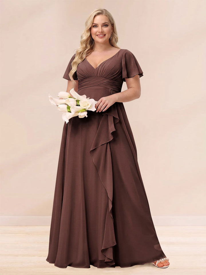 A-Line/Princess V-Neck Long Plus size Bridesmaid Dresses with Ruffles