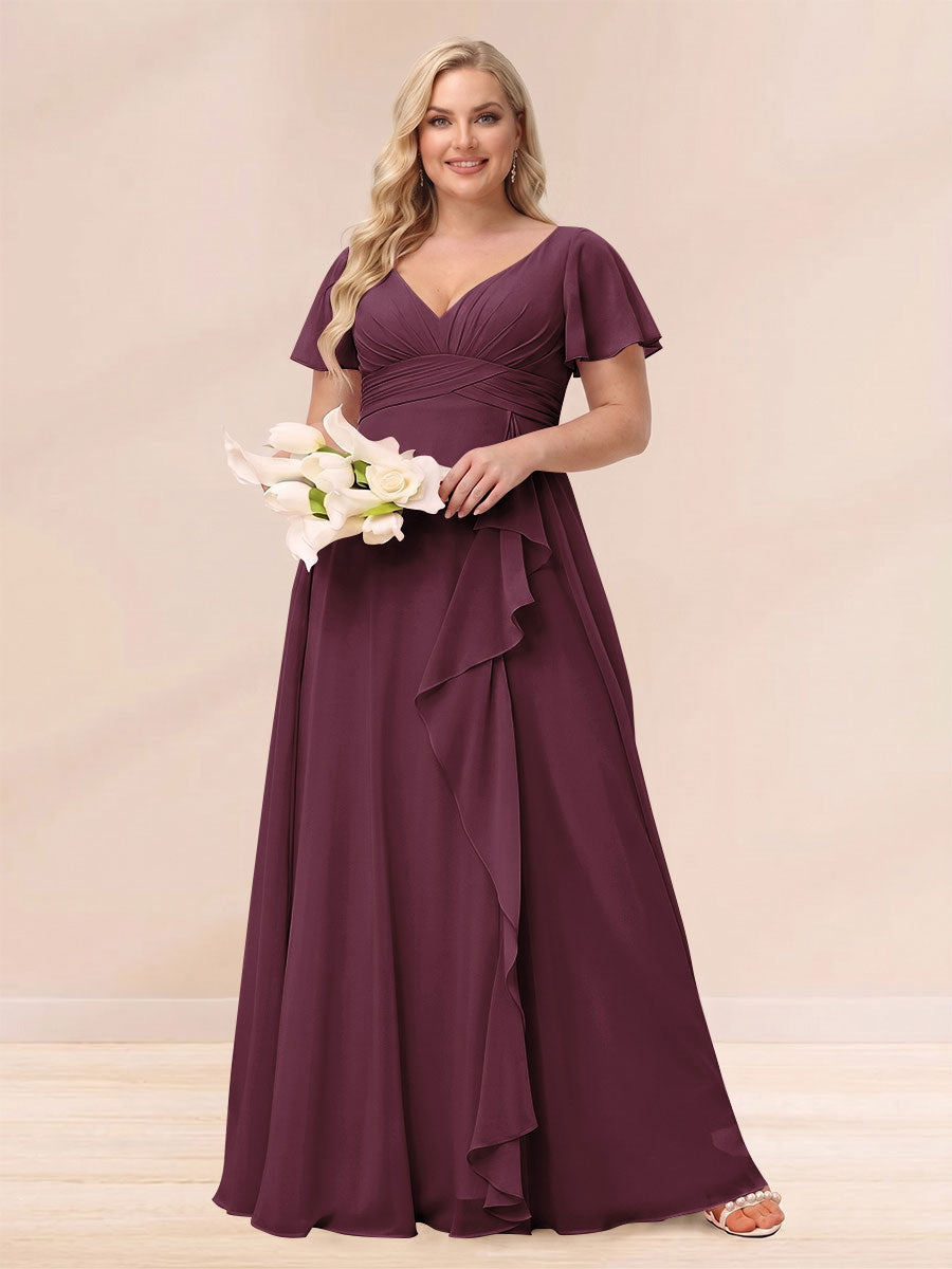 A-Line/Princess V-Neck Long Plus size Bridesmaid Dresses with Ruffles