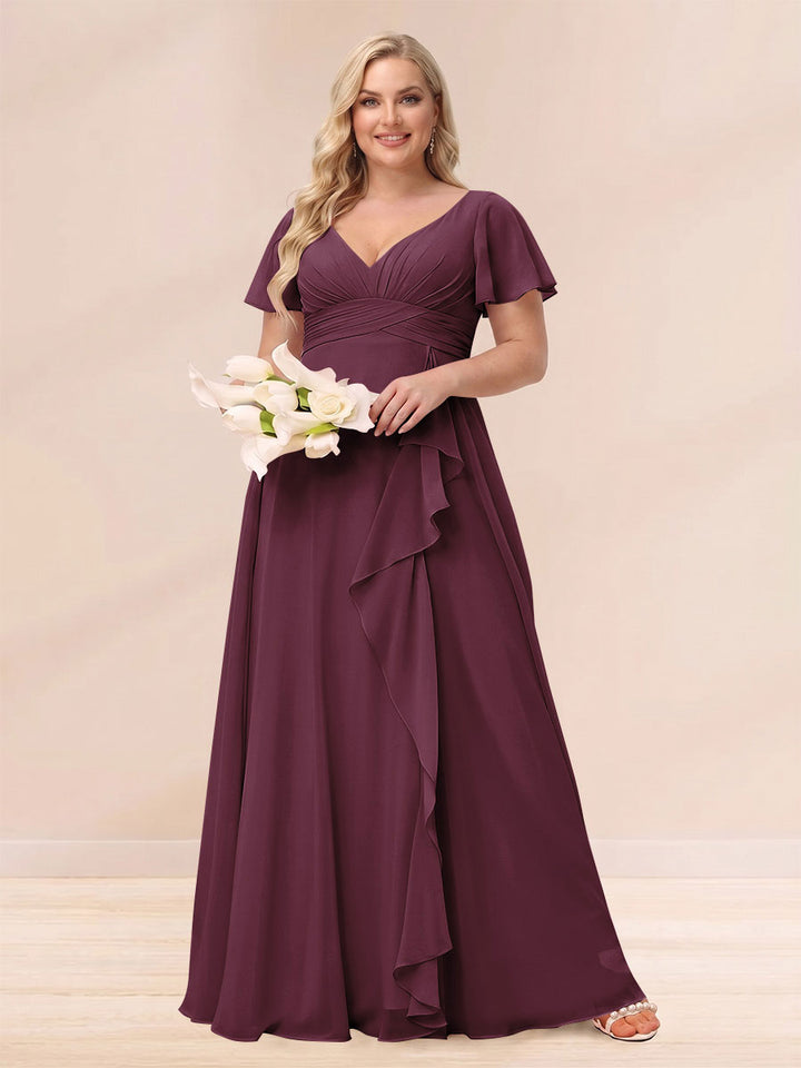A-Line/Princess V-Neck Long Plus size Bridesmaid Dresses with Ruffles