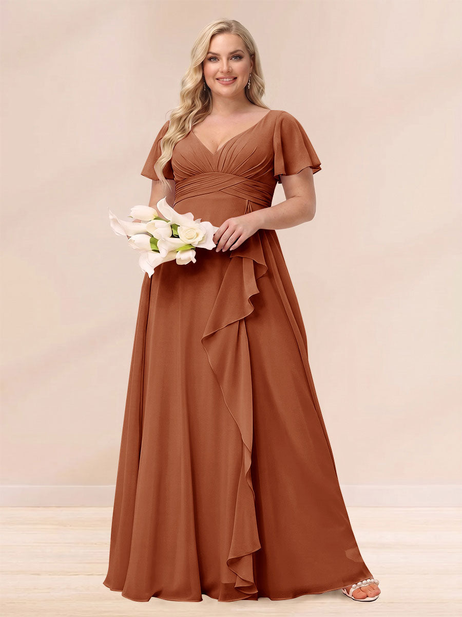 A-Line/Princess V-Neck Long Plus size Bridesmaid Dresses with Ruffles