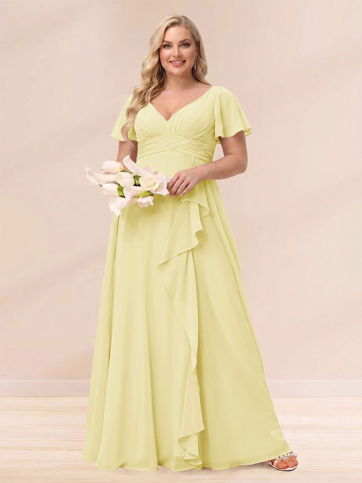 A-Line/Princess V-Neck Long Plus size Bridesmaid Dresses with Ruffles