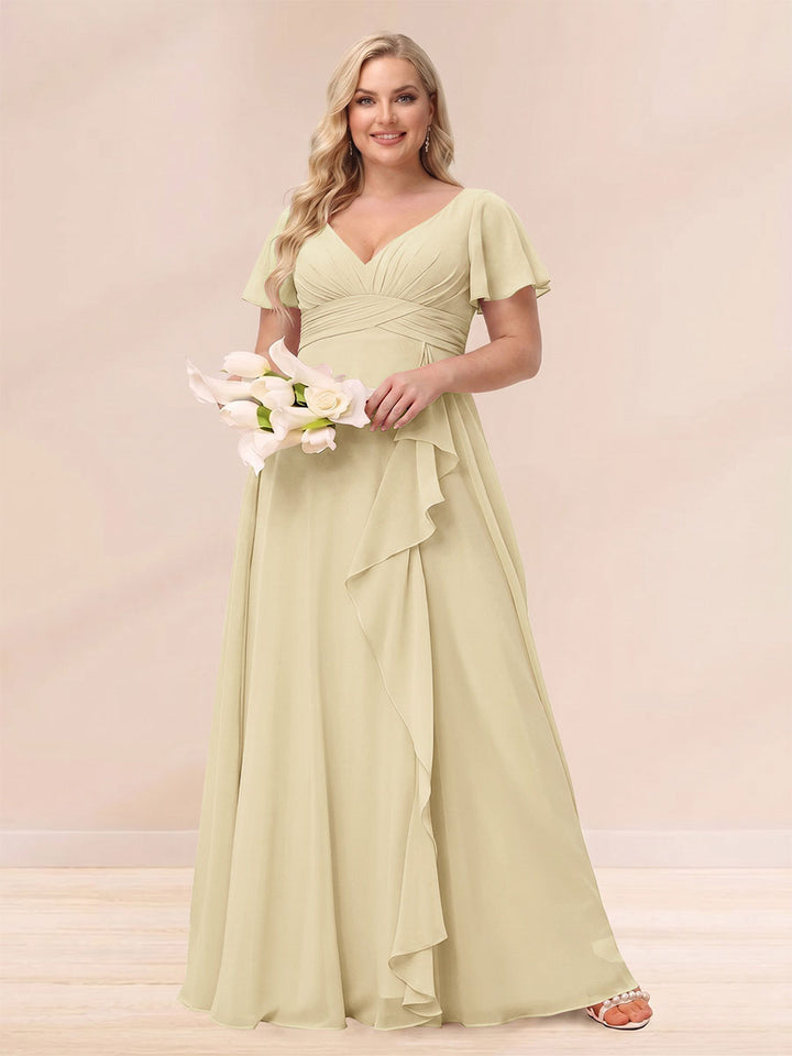 A-Line/Princess V-Neck Long Plus size Bridesmaid Dresses with Ruffles