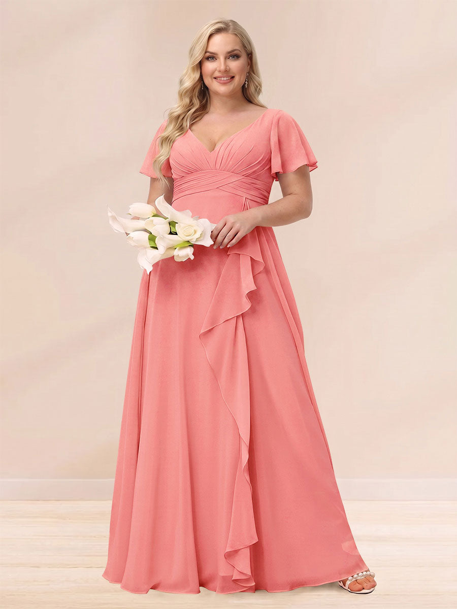 A-Line/Princess V-Neck Long Plus size Bridesmaid Dresses with Ruffles