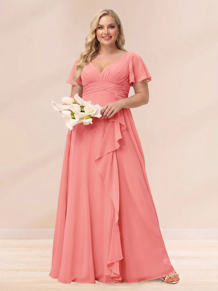 A-Line/Princess V-Neck Long Plus size Bridesmaid Dresses with Ruffles