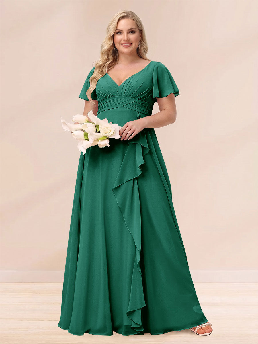 A-Line/Princess V-Neck Long Plus size Bridesmaid Dresses with Ruffles