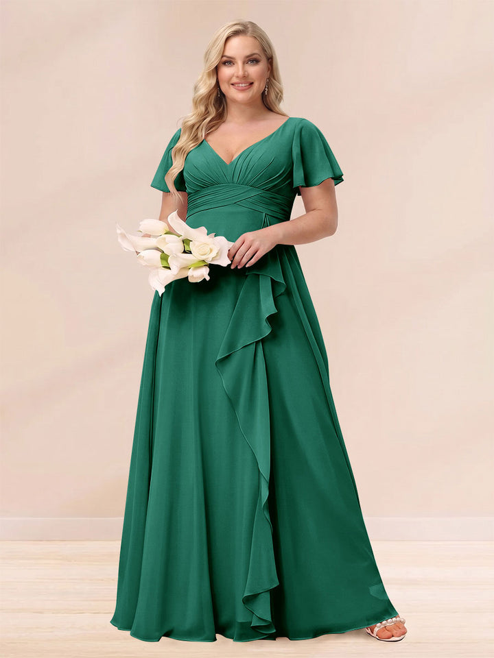A-Line/Princess V-Neck Long Plus size Bridesmaid Dresses with Ruffles