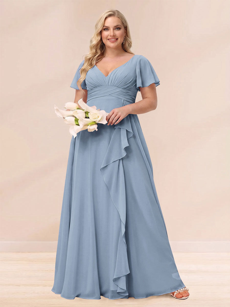 A-Line/Princess V-Neck Long Plus size Bridesmaid Dresses with Ruffles