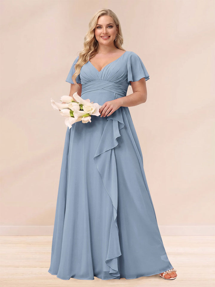 A-Line/Princess V-Neck Long Plus size Bridesmaid Dresses with Ruffles