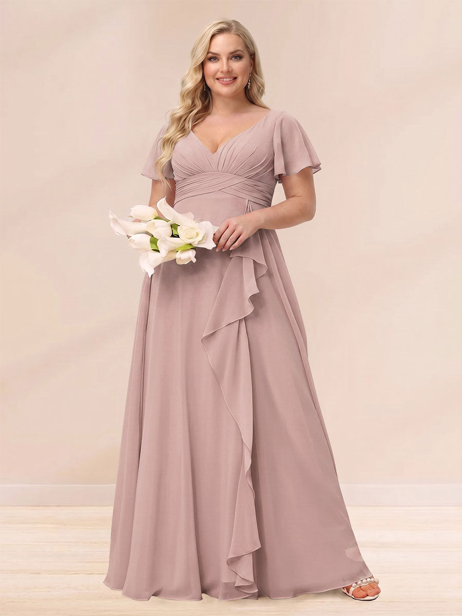 A-Line/Princess V-Neck Long Plus size Bridesmaid Dresses with Ruffles