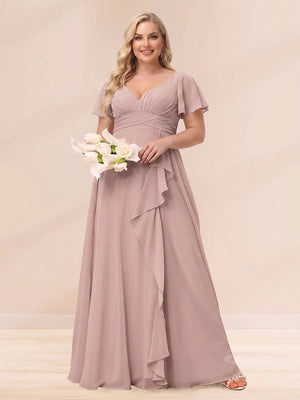 A-Line/Princess V-Neck Long Plus size Bridesmaid Dresses with Ruffles