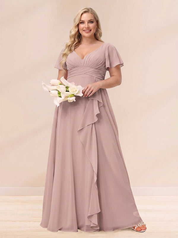 A-Line/Princess V-Neck Long Plus size Bridesmaid Dresses with Ruffles