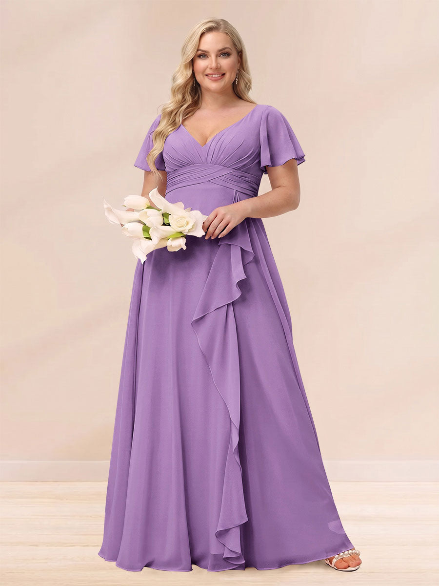 A-Line/Princess V-Neck Long Plus size Bridesmaid Dresses with Ruffles
