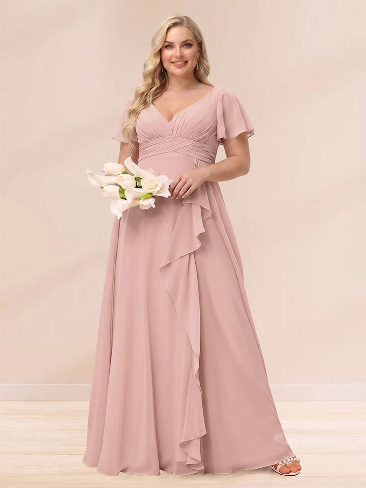 A-Line/Princess V-Neck Long Plus size Bridesmaid Dresses with Ruffles
