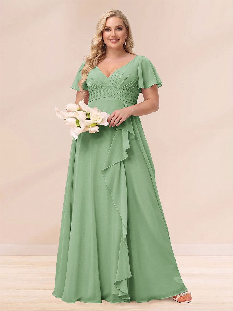 A-Line/Princess V-Neck Long Plus size Bridesmaid Dresses with Ruffles