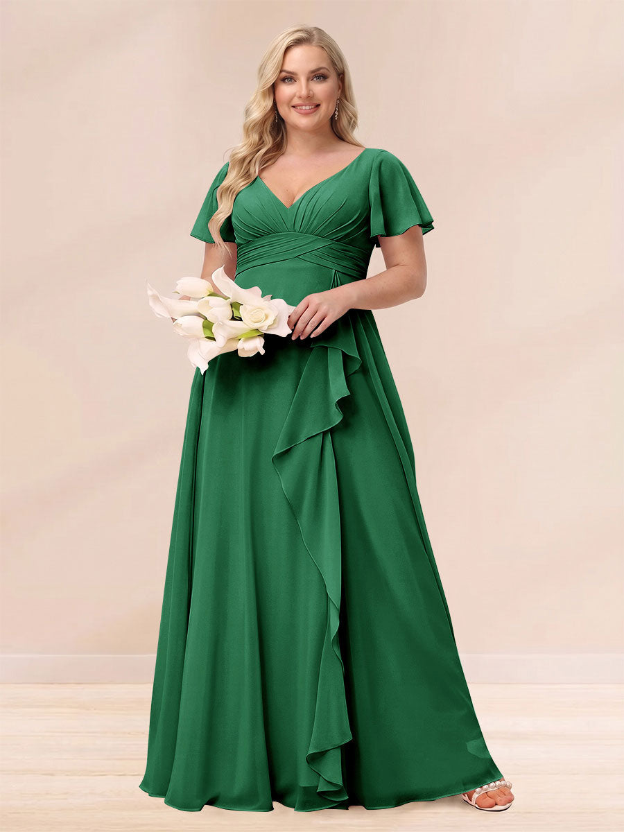 A-Line/Princess V-Neck Long Plus size Bridesmaid Dresses with Ruffles