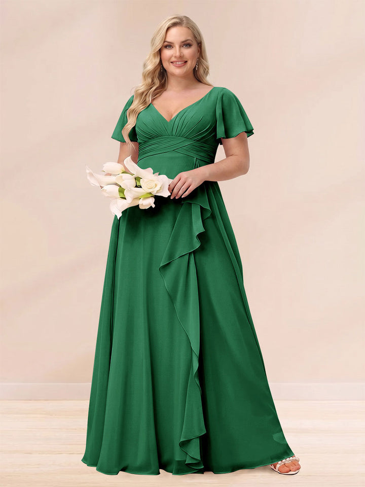 A-Line/Princess V-Neck Long Plus size Bridesmaid Dresses with Ruffles