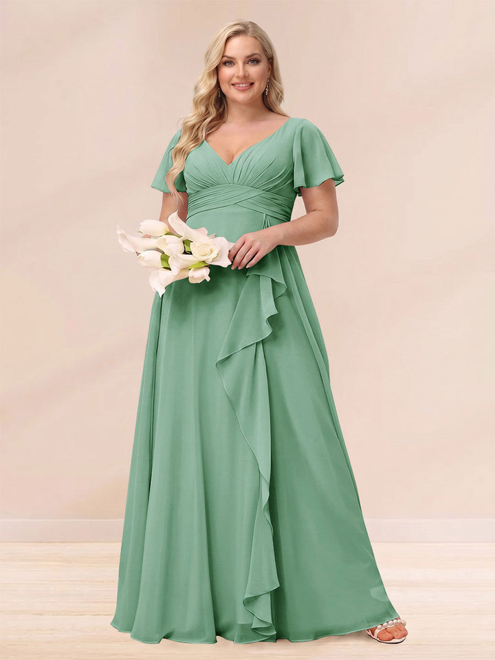 A-Line/Princess V-Neck Long Plus size Bridesmaid Dresses with Ruffles