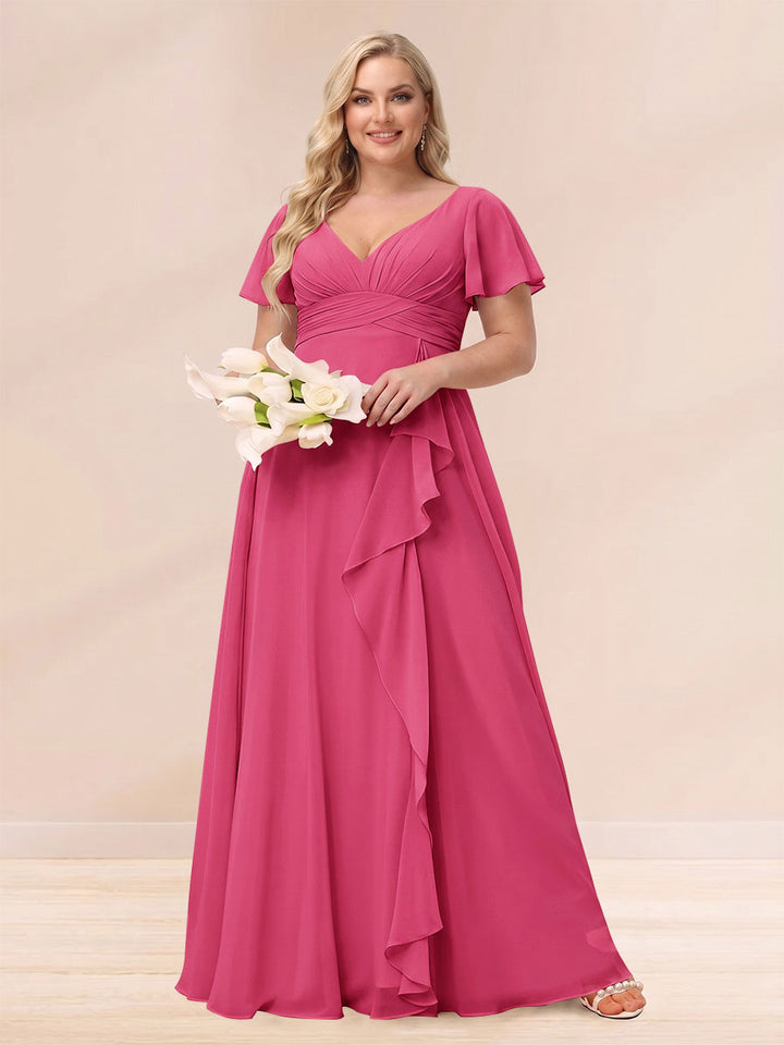 A-Line/Princess V-Neck Long Plus size Bridesmaid Dresses with Ruffles