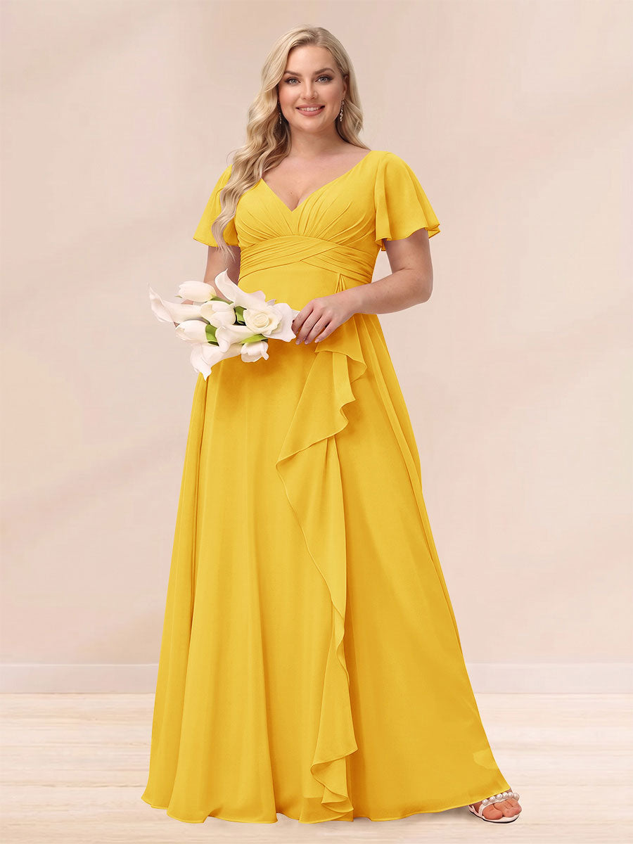 A-Line/Princess V-Neck Long Plus size Bridesmaid Dresses with Ruffles