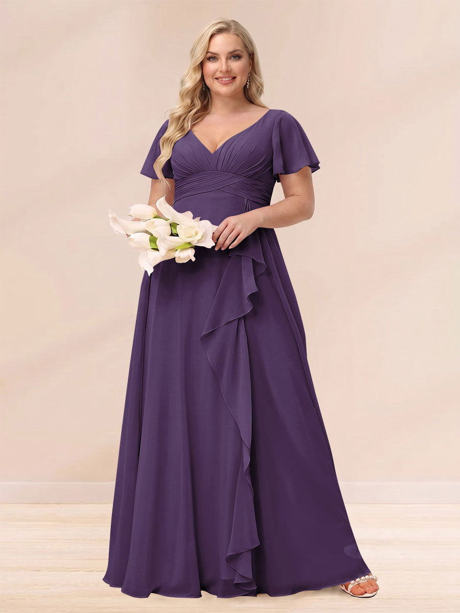 A-Line/Princess V-Neck Long Plus size Bridesmaid Dresses with Ruffles